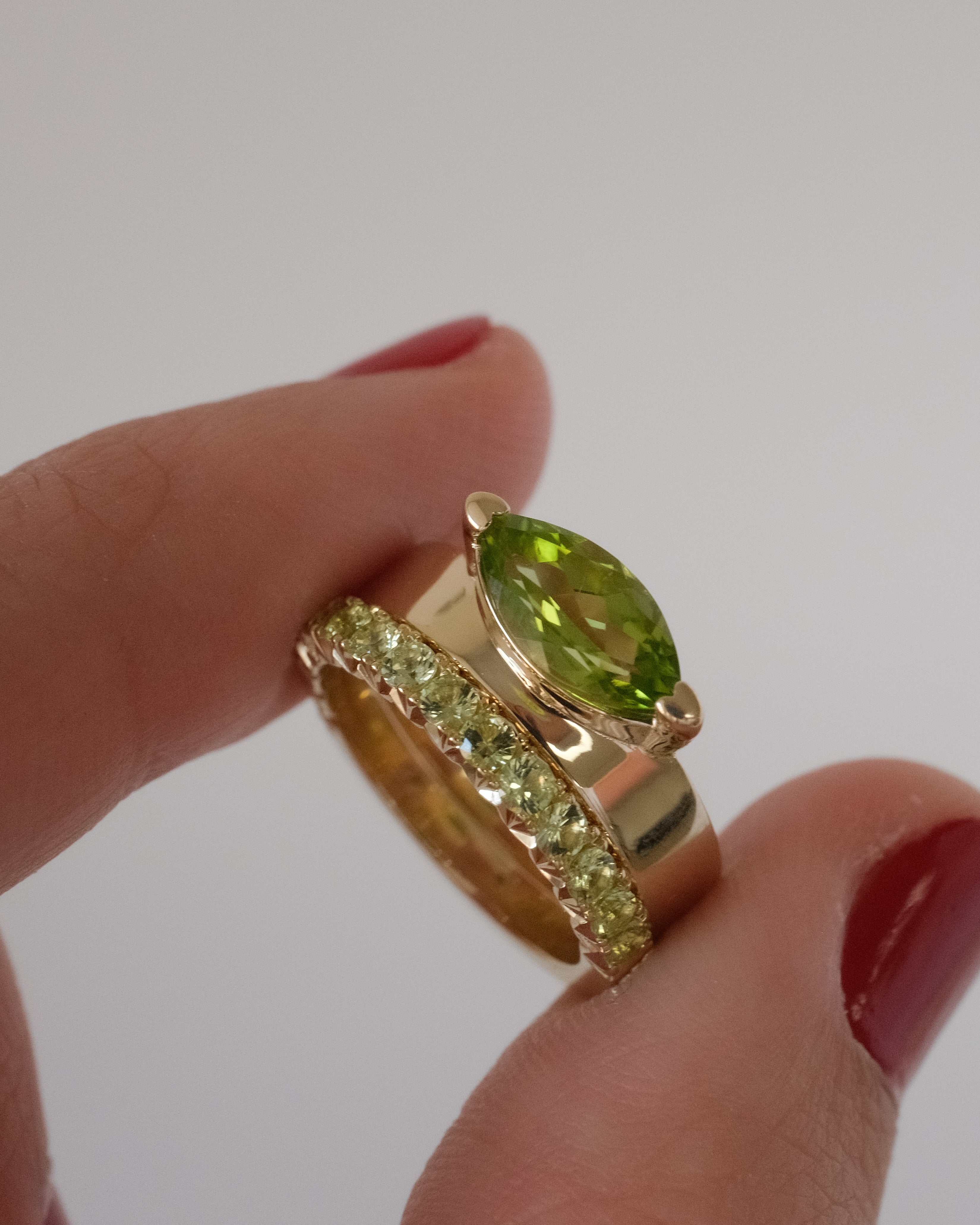 Offset Marquise Peridot Cigar Band Ring