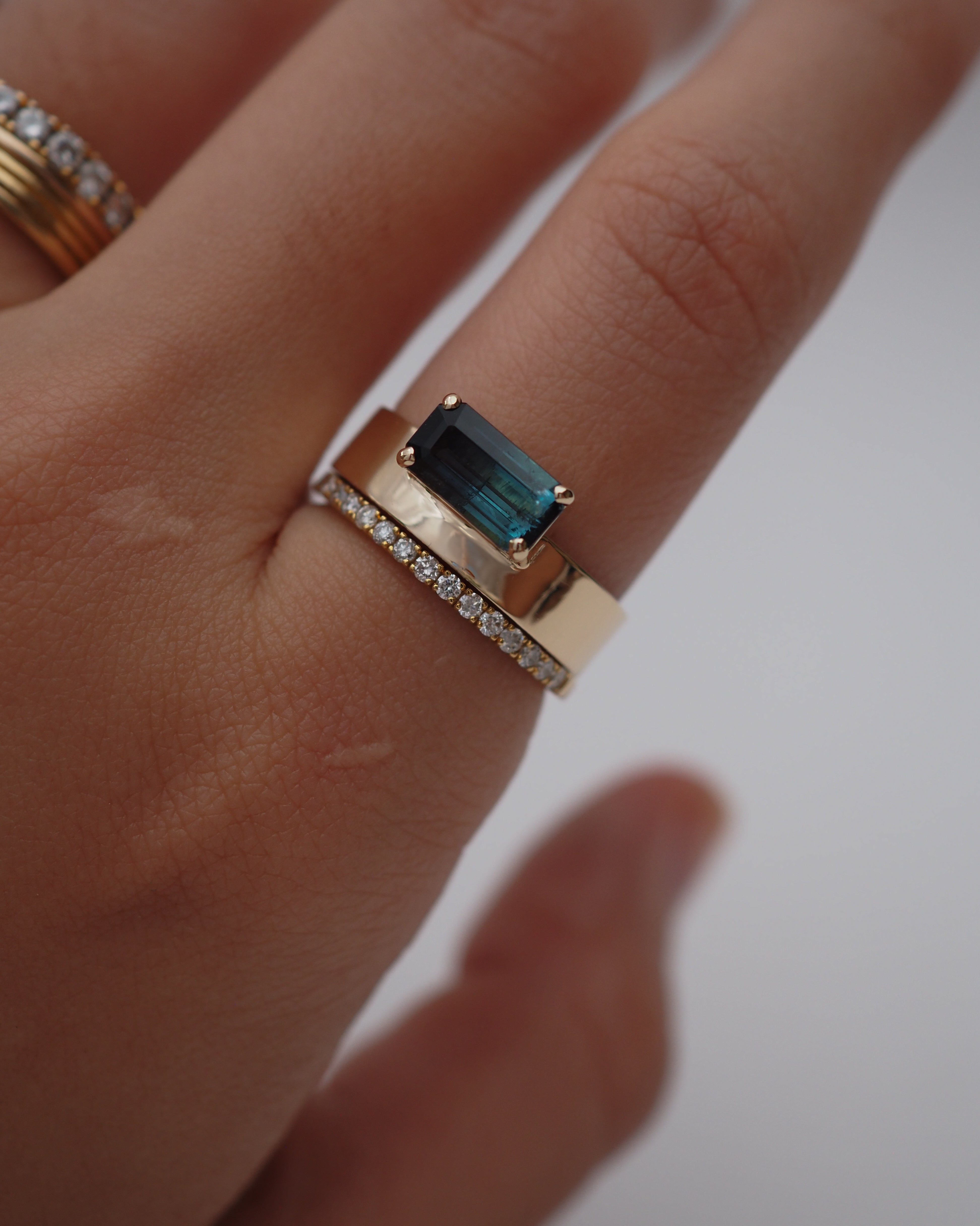 Offset Bicolor Tourmaline Cigar Band Ring - 14k SOLID GOLD - SIZE 7.5US