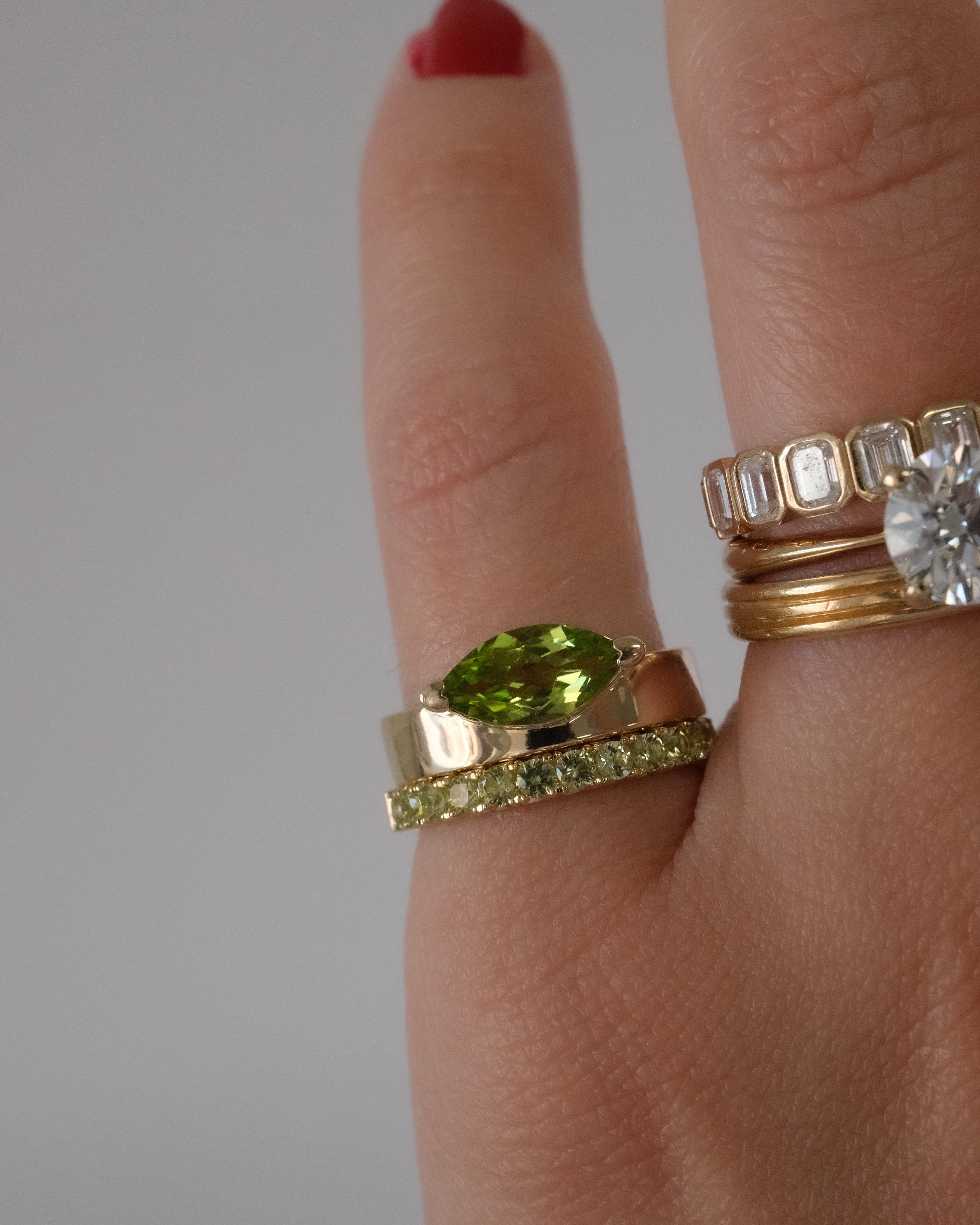 Offset Marquise Peridot Cigar Band Ring