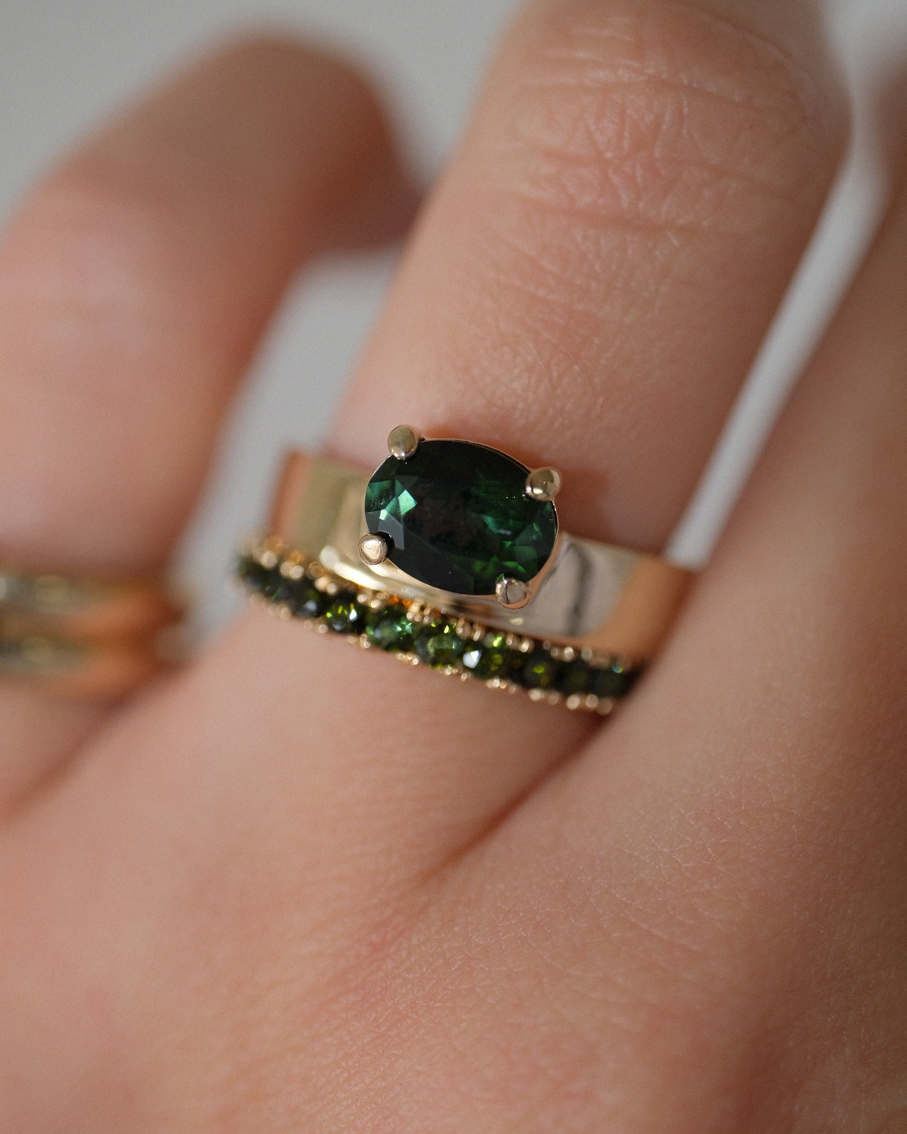 Offset Green Tourmaline Cigar Band Ring - Oval