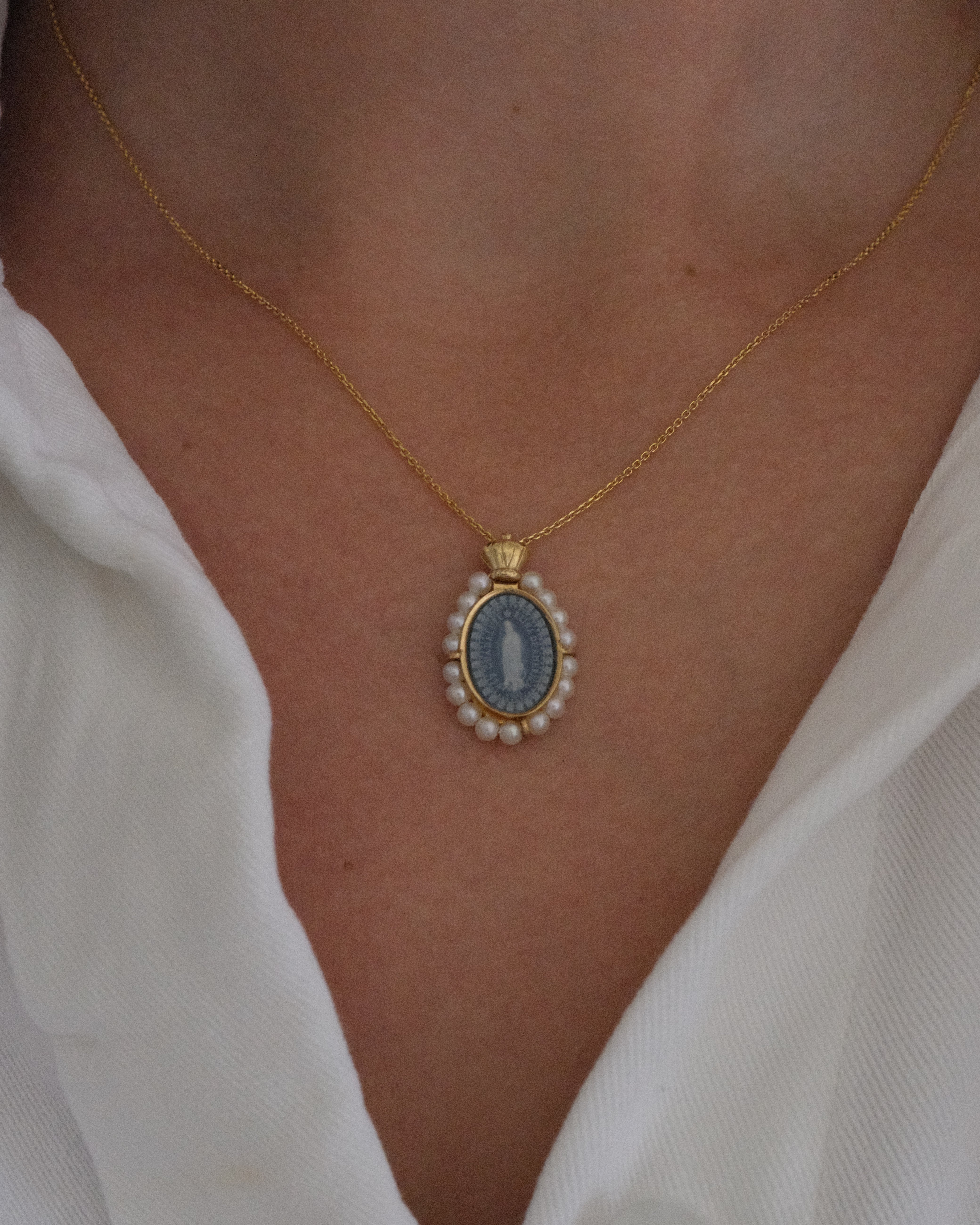 BLUE AGATE AND PEARLS LADY OF GUADALUPE NECKLACE