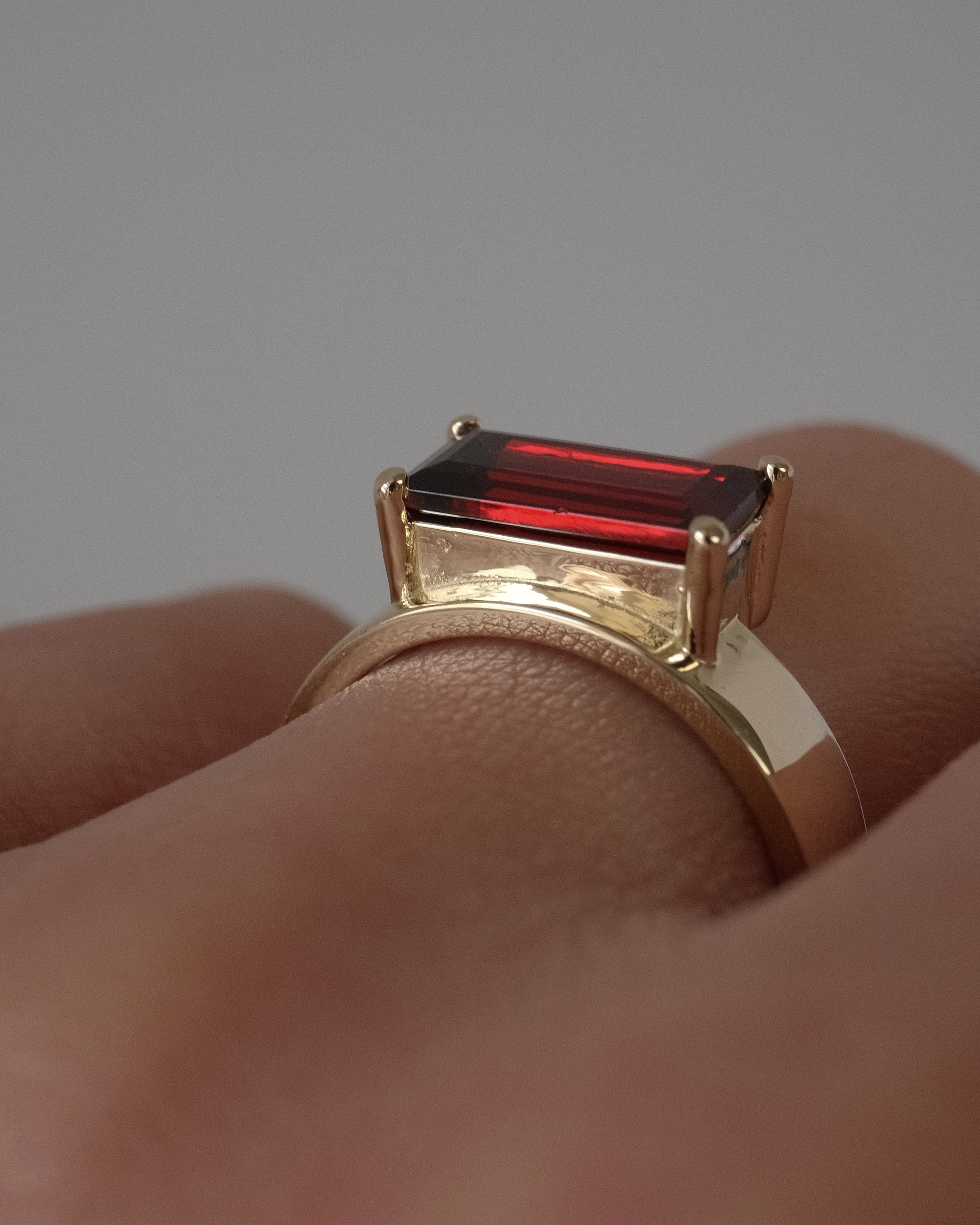 Offset Baguette Garnet Cigar Band Ring
