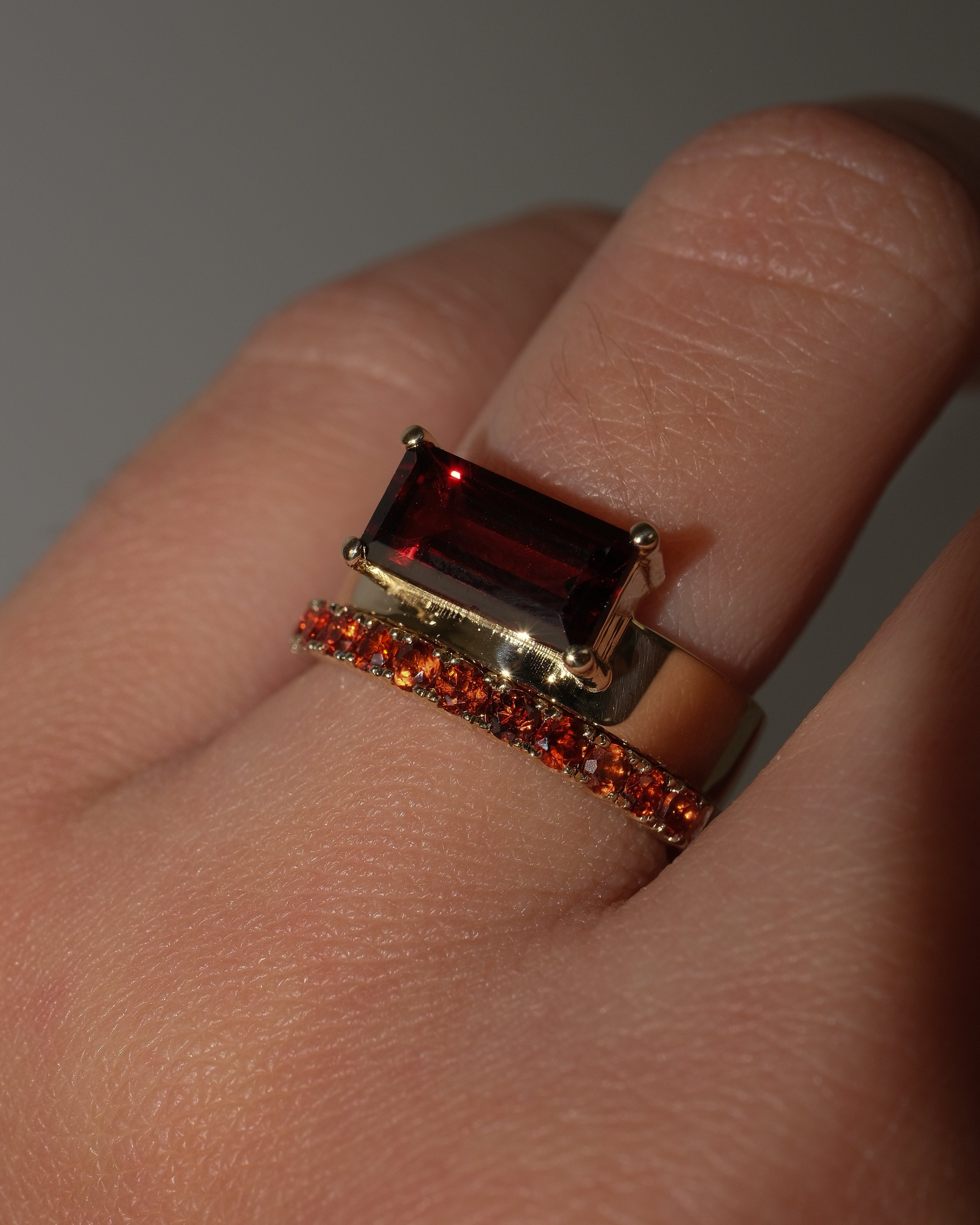 Offset Baguette Garnet Cigar Band Ring