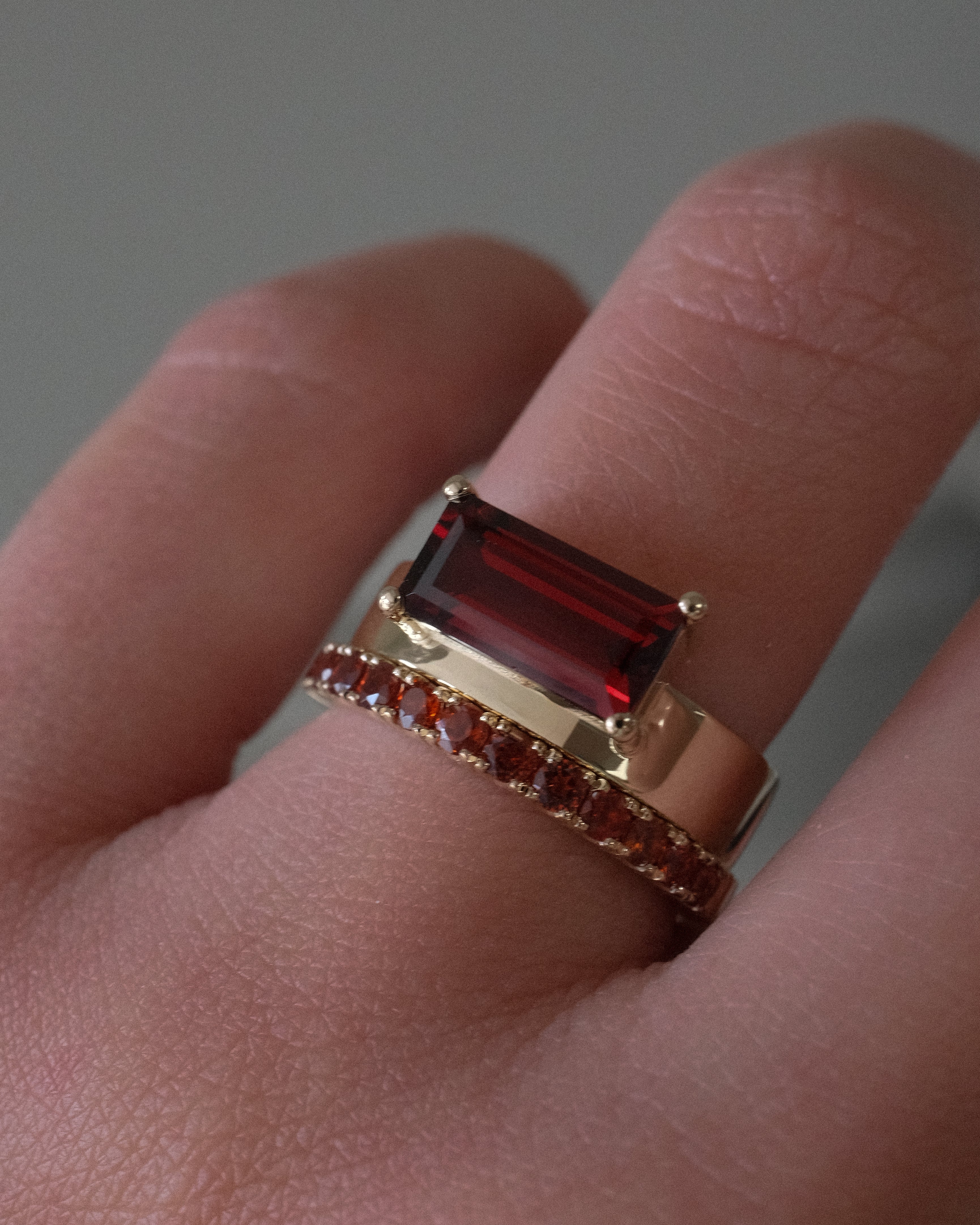 Offset Baguette Garnet Cigar Band Ring