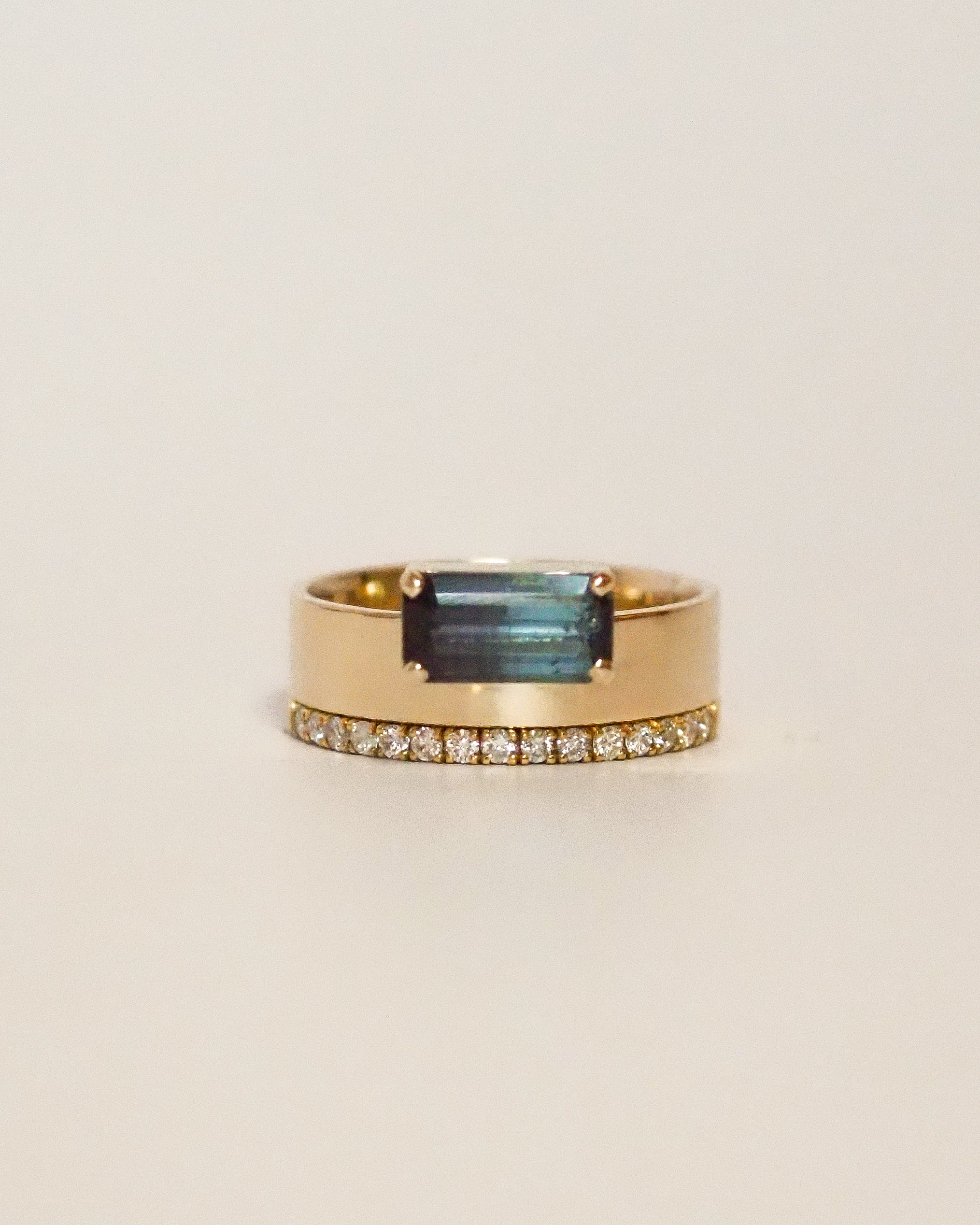 Offset Bicolor Tourmaline Cigar Band Ring - 14k SOLID GOLD - SIZE 7.5US